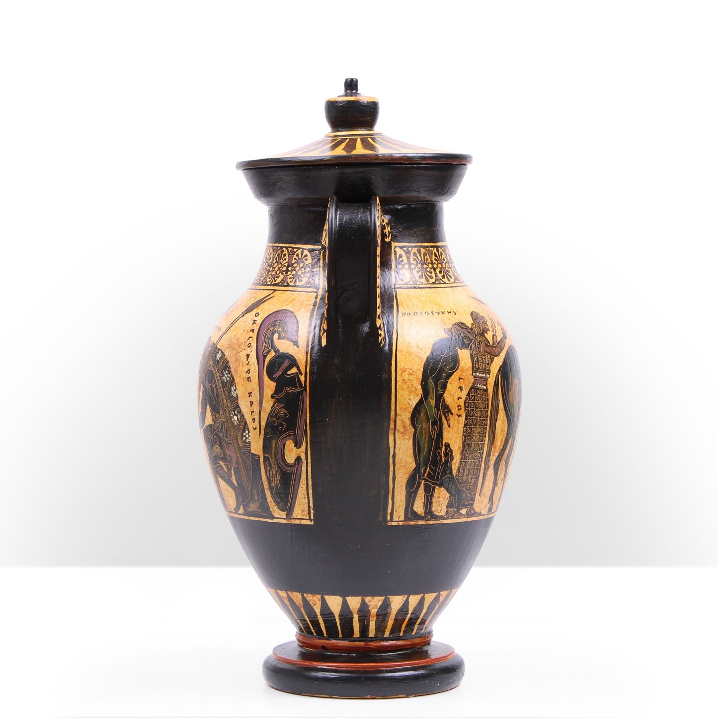 Black-Figure Greek Vase Urn with Mythological Scene (Greek Warriors)