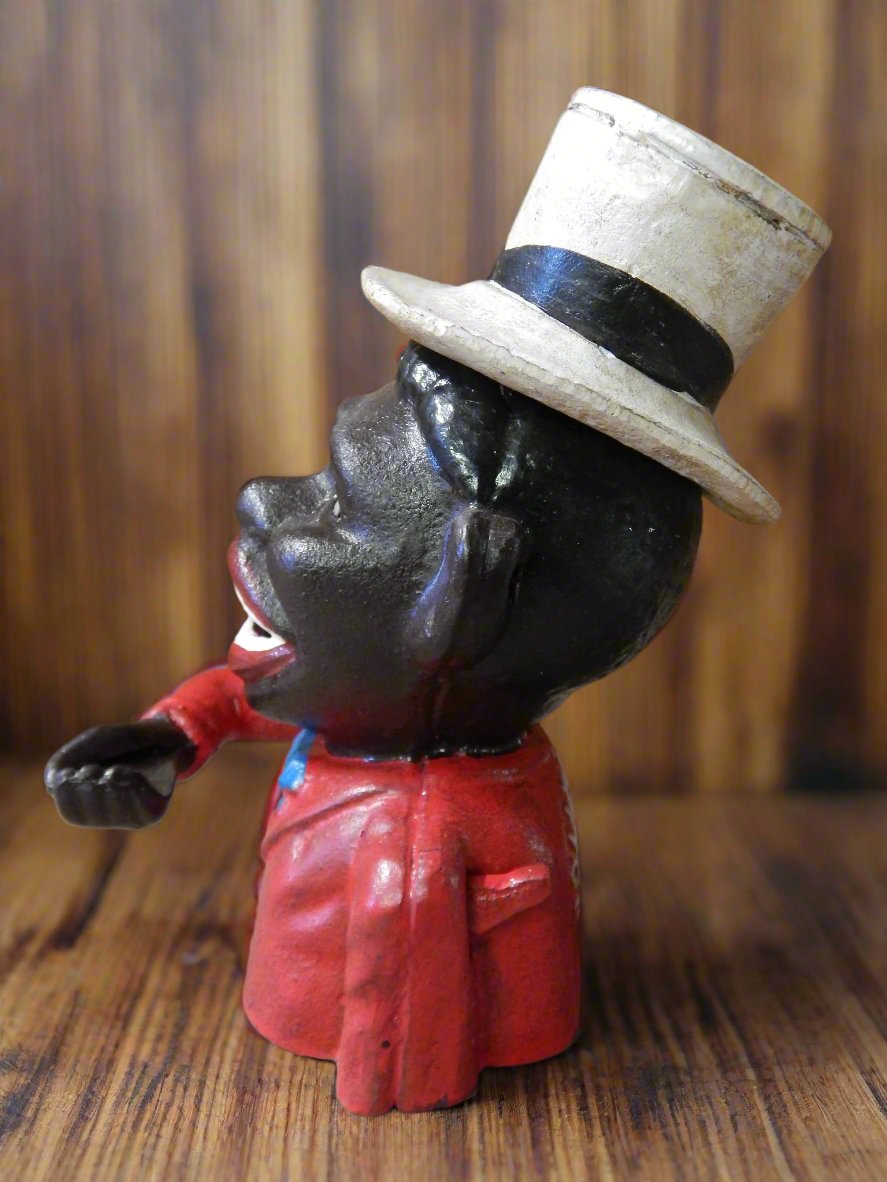 Cast Iron Mechanical Bank - Red Suit Black Americana Man with Top Hat