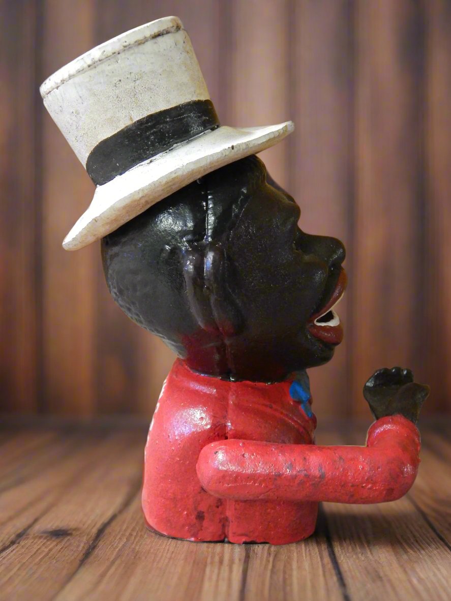 Cast Iron Mechanical Bank - Red Suit Black Americana Man with Top Hat