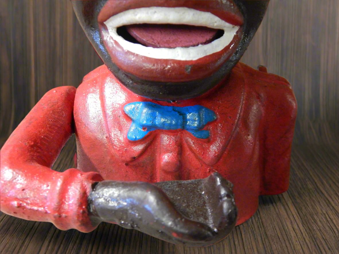 Cast Iron Mechanical Bank - Red Suit Black Americana Man with Top Hat