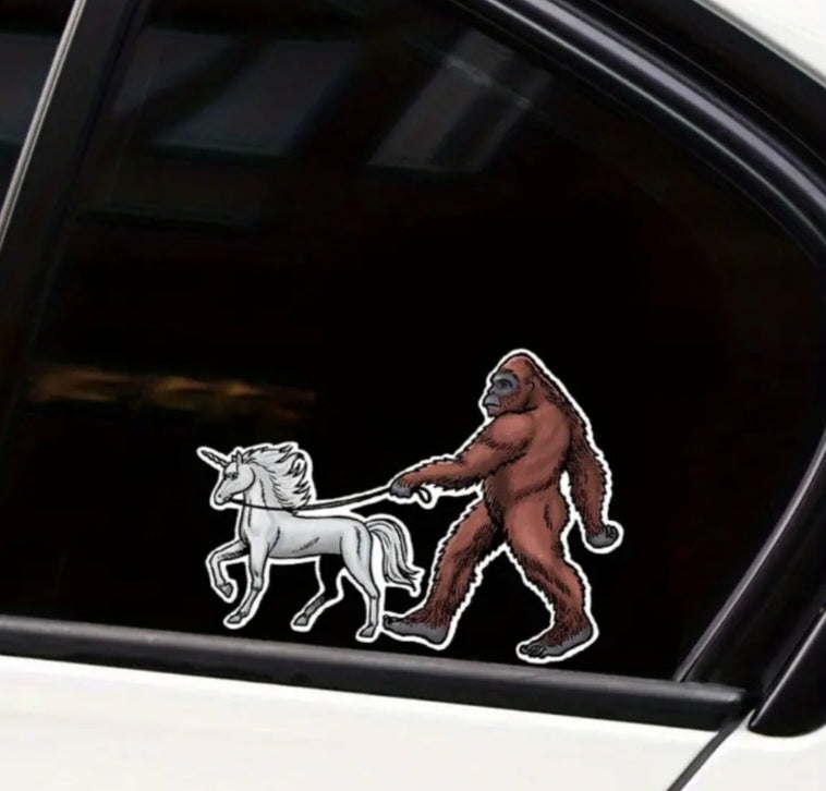 Bigfoot Walking A Unicorn Sticker Free Shipping Sasquatch Yeti sticker