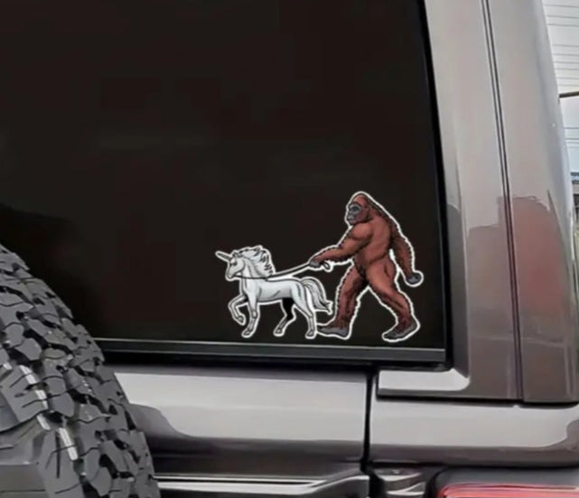 Bigfoot Walking A Unicorn Sticker Free Shipping Sasquatch Yeti sticker