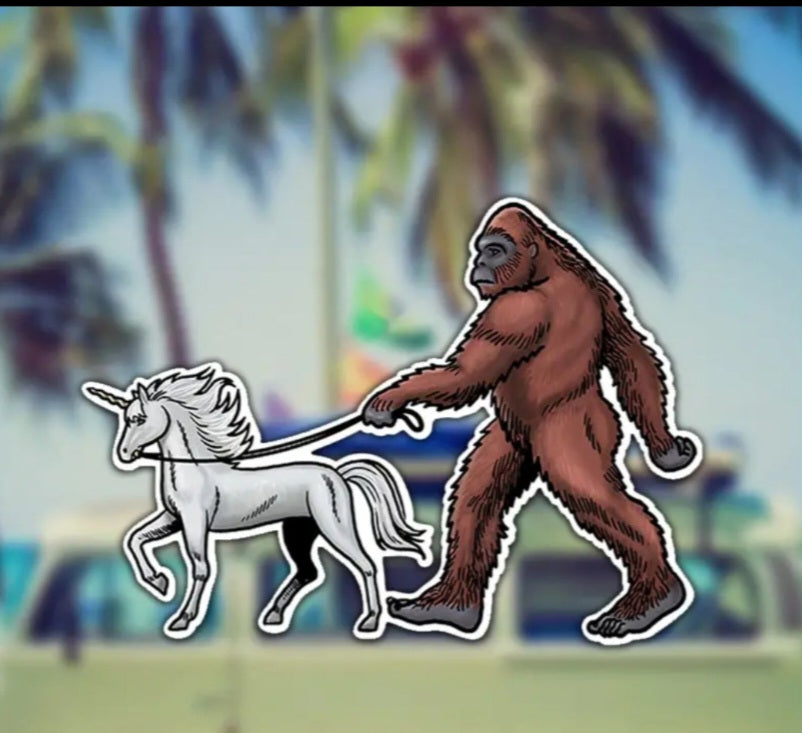 Bigfoot Walking A Unicorn Sticker Free Shipping Sasquatch Yeti sticker