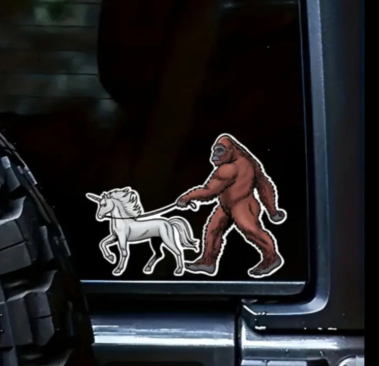 Bigfoot Walking A Unicorn Sticker Free Shipping Sasquatch Yeti sticker