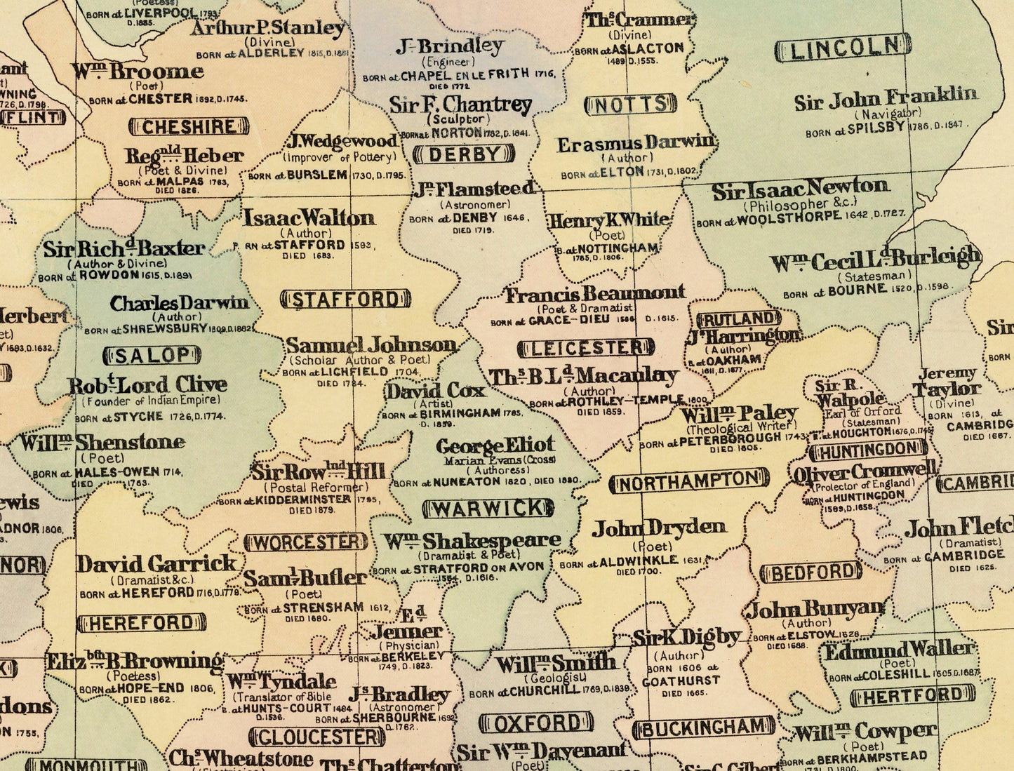 Biographical Map of the British Isles Map showing Authors, Poets, Statesmen,