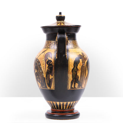 Black-Figure Greek Vase Urn with Mythological Scene (Greek Warriors)