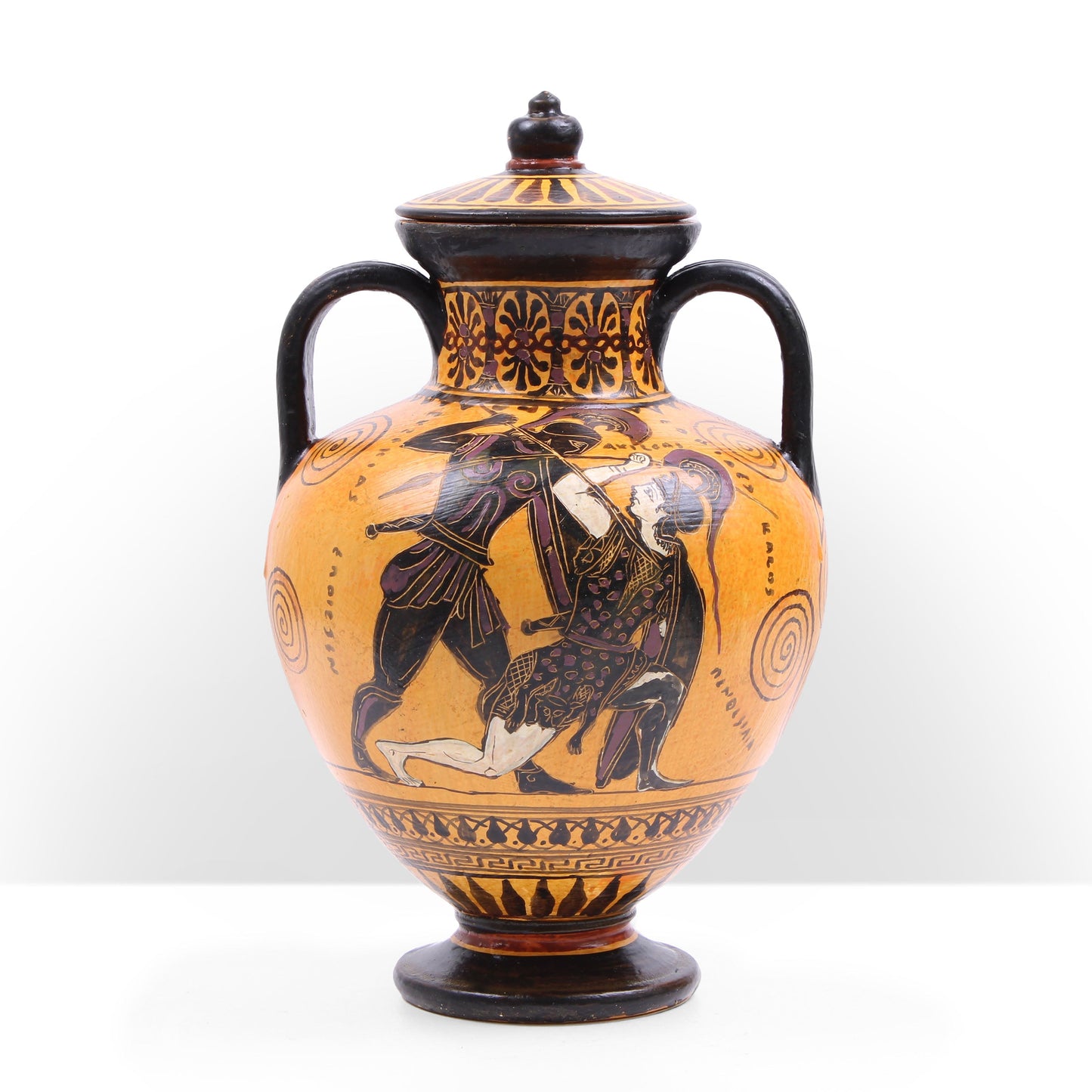 Black-Figure Greek Amphora Vase with Fighting Scene