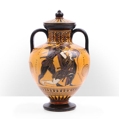 Black-Figure Greek Amphora Vase with Fighting Scene