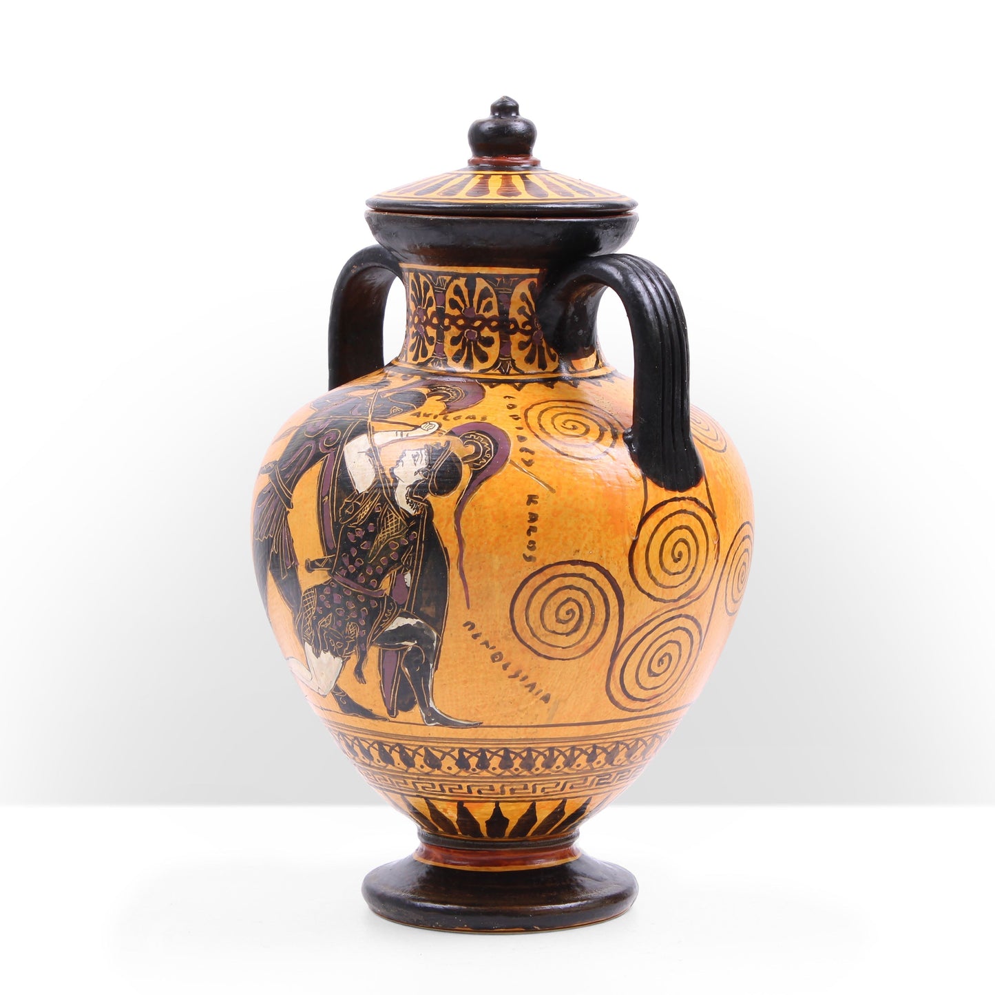 Black-Figure Greek Amphora Vase with Fighting Scene