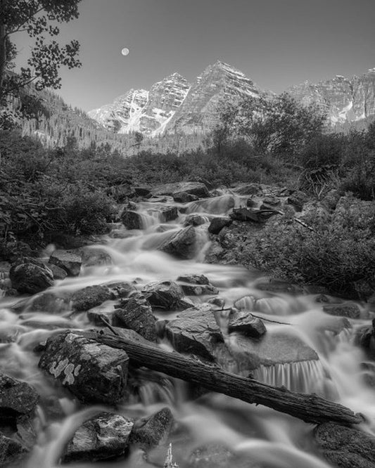 Black & White Maroon Bells Moonrise 1 Art Prints by Rob Greebon Artist