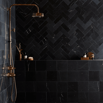 Black Herringbone Honed Marble Tile