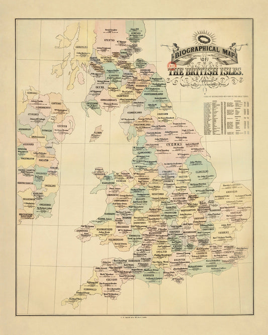 Biographical Map of the British Isles Map showing Authors, Poets, Statesmen,